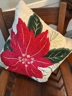 Crewel Embroidered Poinsettia Throw Pillow Christmas,Holiday